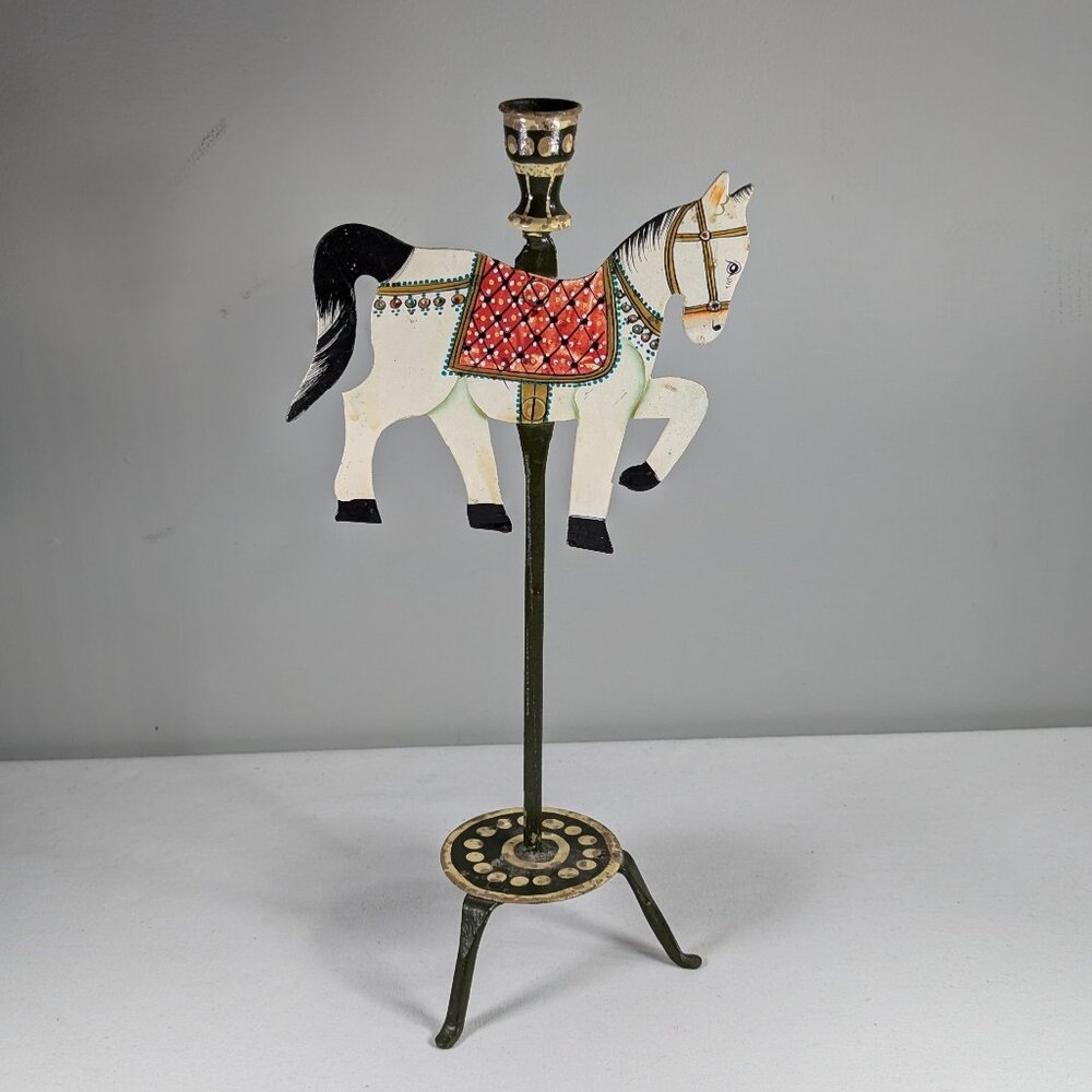 Hand painted metal carousel horse candlestick holder 39cm, Christmas table decor